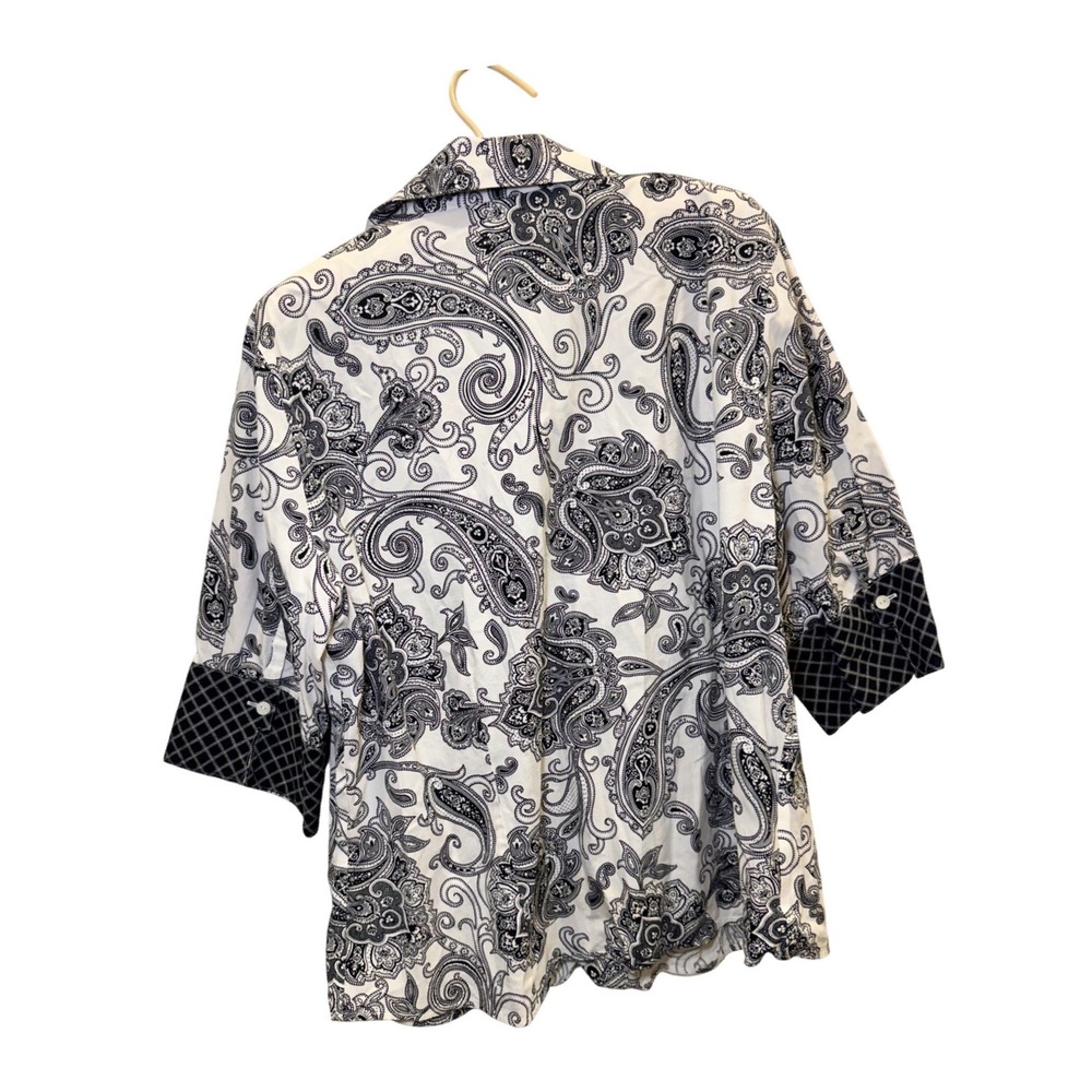 Coldwater Creek Womens Black White Paisley Cotton Button Up Shirt 3/4 Sleeve L
